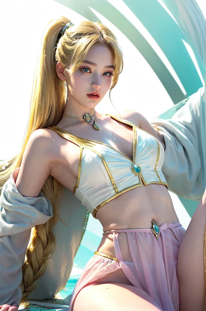 (sailor moon, 18 years old), naked White and golden tones wet outfit tigh, transparent glowing skirt:1.7, braless, with border golden stripe upper strapped, elemental_mage, (blonde twintail hair), leg oppened:1.6 and lifted, forehead v style gemstone_tiara, [ holding green floatin orb_of_power:10], diamond falling, iridescent ([choker:magical trim:0.4]:1.7) radiating on ([elemental pauldron:spellbound shoulder:0.4]:1.5), forehead, channeling, prismatic eyes, floating_island, short elemental_staff, [ombre, elemental_braid:0.1], [gloves high, magical_grimoire, enchanted_skirt plisada:0.4],long white cape, one leg lifted, in action. (Open legs:1.4), golden border on shoulders and heels.
(__views__:1.2),
__body-parts__,
Expressive Hues, Vibrant Palette,Dynamic Brushwork,sharp focus,
