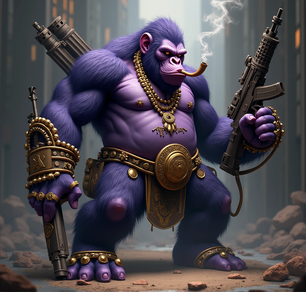 Purple Ape, With giant and high-caliber weapons, wearing an Affliction brand shirt with chains, tattooed, with huge diamond and gold rings, smoking with a pipe