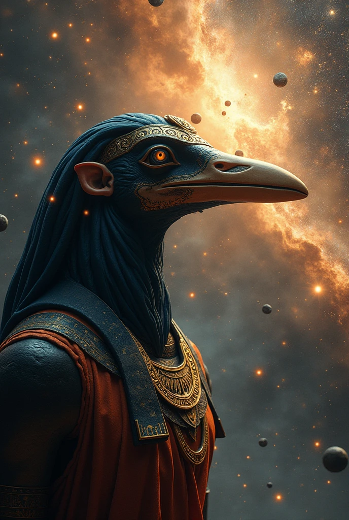 Realistic ancient egypcian God Thoth with his realistc ibis face looking for the universe crowded with galaxies, planets, meteor and all that have in universe. Please do his ibis face more realistic like the real animal. The best quality you can have with lots of detais. Rich. Full. Transcendent and realistic.