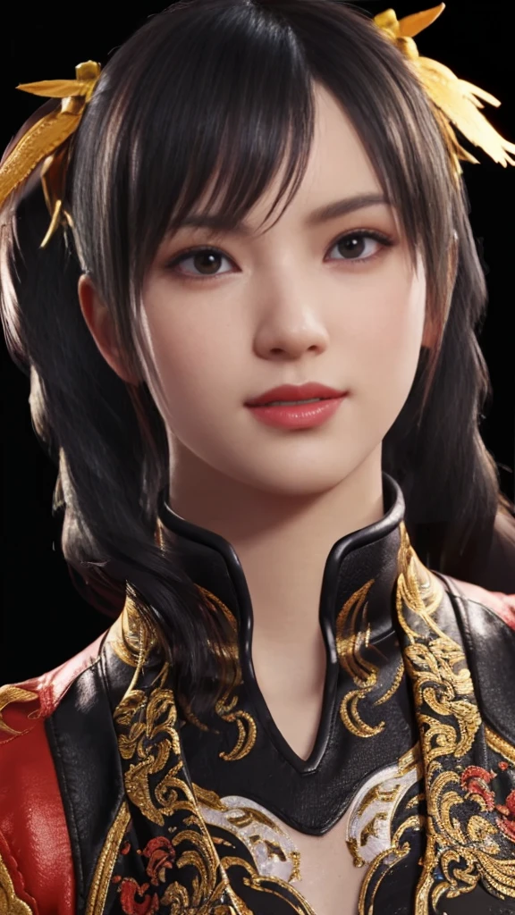 Tekken, Xiaoyu, (best qualityer, ultra detail), (realisitic:1.37), beautiful and detailed face, ultra-realisitic texture, Exquisite face, Delicate body, red lipgloss stick, shiny colors. High definition, 8k, expression a slight cute smile