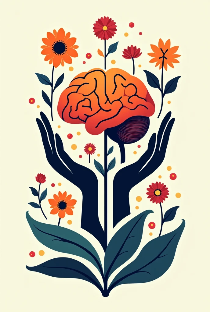 Brain image, hands, flowers, vector style
