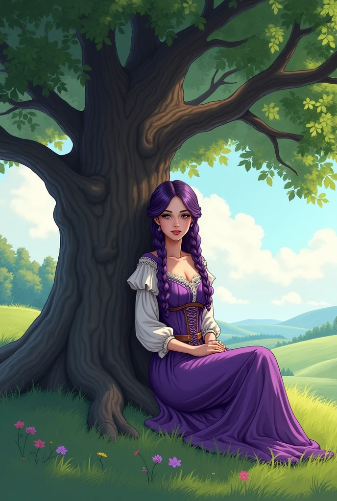 Young woman, Nineteen years old, Long purple braided hair, Big breasts,Thin waist, Big butt, Wearing a long purple dress,Wear a medieval European outfit , Sitting under a tree, Manga illustration 2.5D
