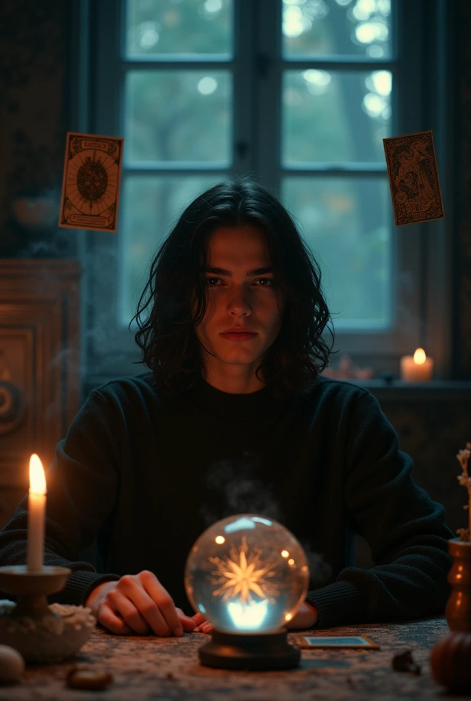 (work of art, high resolution:1.3), (photo of male ager with long dark hair in dark and mysterious environment:1.2), (Sony Alpha 1 Camera, Known for capturing exceptional detail and low-light performance:1.2), (paired with the Sony FE 24-70mm f/2.8 GM lens for versatile and sharp composition:1.2), ( surrounded by an aura of mystery and intrigue:1.1), (his dark clothes and enigmatic expression add to the atmosphere:1.1), (Sony Alpha 1 Camera capturing the intricate textures and subtle shades in the low-light setting:1.2), (Tarot cards floating above the teen), (flickering candles, casting dancing shadows across the room:1.1), (the low lighting increases the atmosphere of secrecy and mysticism:1.1), (a crystal ball nearby, adding to the mystical scenery:1.1), (symbols of astrology and esoteric knowledge decorating the room:1.1), (a hint of incense in the air, adding to the sensory experience:1.1), (A moment frozen in time, capturing the intense and introspective atmosphere of divination:1.1), (an image that invites viewers into a world of magic and spiritual insight, leaving them intrigued and curious:1.1), cinematic, 超detailded, insane details, beautifully color-graded, engine unreal, DOF, Super-resolution, Megapixels, cinematic lightning, Anti-aliasing, FKA, THAI, RTX, SSAO, Post-processing, post production, Tone-mapping, CGI, Visual effects, sound effects, Insanely detailed and intricate, Hyper maximalist, hiper-realisitic, Volumetric, fotorrealisitic, ultra photoreal, ultra detali, details Intricate, 8k, super verbose, full color, Volumetric lightning, HDR, realisitic, engine unreal, 16K, sharp focus, octane render INFO Size 1152X1536 Date Oct 7, 2023 Modo SeaArt 2.1 Tipo upscale Checkpoint & it