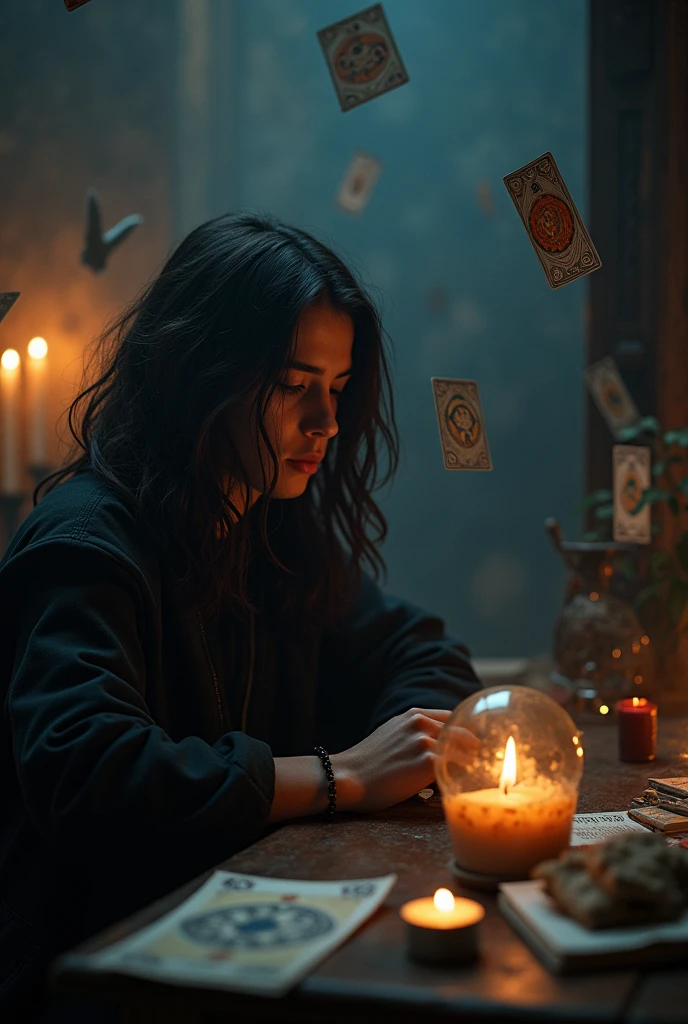 (work of art, high resolution:1.3), (photo of male teenager with long dark hair in dark and mysterious environment:1.2), (Sony Alpha 1 Camera, Known for capturing exceptional detail and low-light performance:1.2), (paired with the Sony FE 24-70mm f/2.8 GM lens for versatile and sharp composition:1.2), ( surrounded by an aura of mystery and intrigue:1.1), (his dark clothes and enigmatic expression add to the atmosphere:1.1), (Sony Alpha 1 Camera capturing the intricate textures and subtle shades in the low-light setting:1.2), (Tarot cards floating above the teenager), (flickering candles, casting dancing shadows across the room:1.1), (the low lighting increases the atmosphere of secrecy and mysticism:1.1), (a crystal ball nearby, adding to the mystical scenery:1.1), (symbols of astrology and esoteric knowledge decorating the room:1.1), (a hint of incense in the air, adding to the sensory experience:1.1), (A moment frozen in time, capturing the intense and introspective atmosphere of divination:1.1), (an image that invites viewers into a world of magic and spiritual insight, leaving them intrigued and curious:1.1), cinematic, 超detailded, insane details, beautifully color-graded, engine unreal, DOF, Super-resolution, Megapixels, cinematic lightning, Anti-aliasing, FKA, THAI, RTX, SSAO, Post-processing, post production, Tone-mapping, CGI, Visual effects, sound effects, Insanely detailed and intricate, Hyper maximalist, hiper-realisitic, Volumetric, fotorrealisitic, ultra photoreal, ultra detali, details Intricate, 8k, super verbose, full color, Volumetric lightning, HDR, realisitic, engine unreal, 16K, sharp focus, octane render INFO Size 1152X1536 Date Oct 7, 2023 Modo SeaArt 2.1 Tipo upscale Checkpoint & it