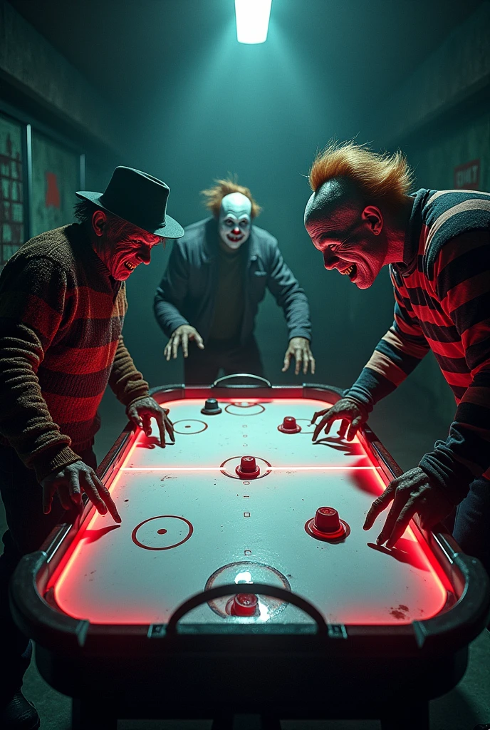 Full-body horror movie characters playing air hockey