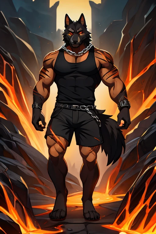 black wolf, muscular , orange eyes, lava scars, chains, black sleeveless shirt, shorts negros