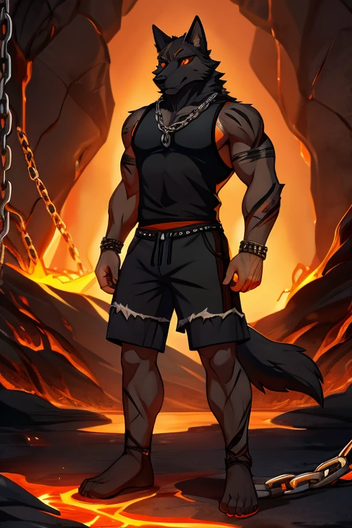 black wolf, muscular , orange eyes, lava scars, chains, black sleeveless shirt, shorts negros