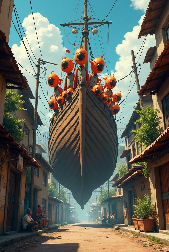 Image of a street in a Brazilian favela in Rio de Janeiro with a ship with several pirates with orange parrot heads and eye patches. 
