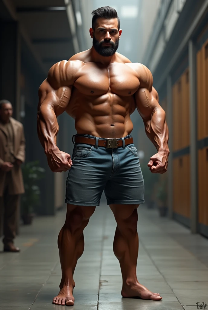 Super muscular mesomorph body type hunk very handsome Arab man beefy muscle naked, bulging massive round oversized pecs, hypermaculinity, alpha man hunk, massive oversized arms, full body shoot, stylish fashion jeans or shortpants training, clear muscle separation, aesthetic proportional body, victory pose bodybuilder, muscle quality of heavyweight bodybuilder champion Lee Priest physique