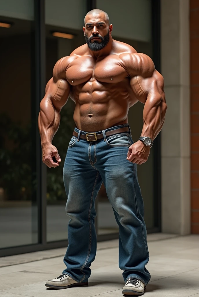Super muscular mesomorph body type hunk very handsome Arab man beefy muscle naked, bulging massive round oversized pecs, hypermaculinity, alpha man hunk, massive oversized arms, full body shoot, stylish fashion jeans or shortpants training, clear muscle separation, aesthetic proportional body, victory pose bodybuilder, muscle quality of heavyweight bodybuilder champion Lee Priest physique