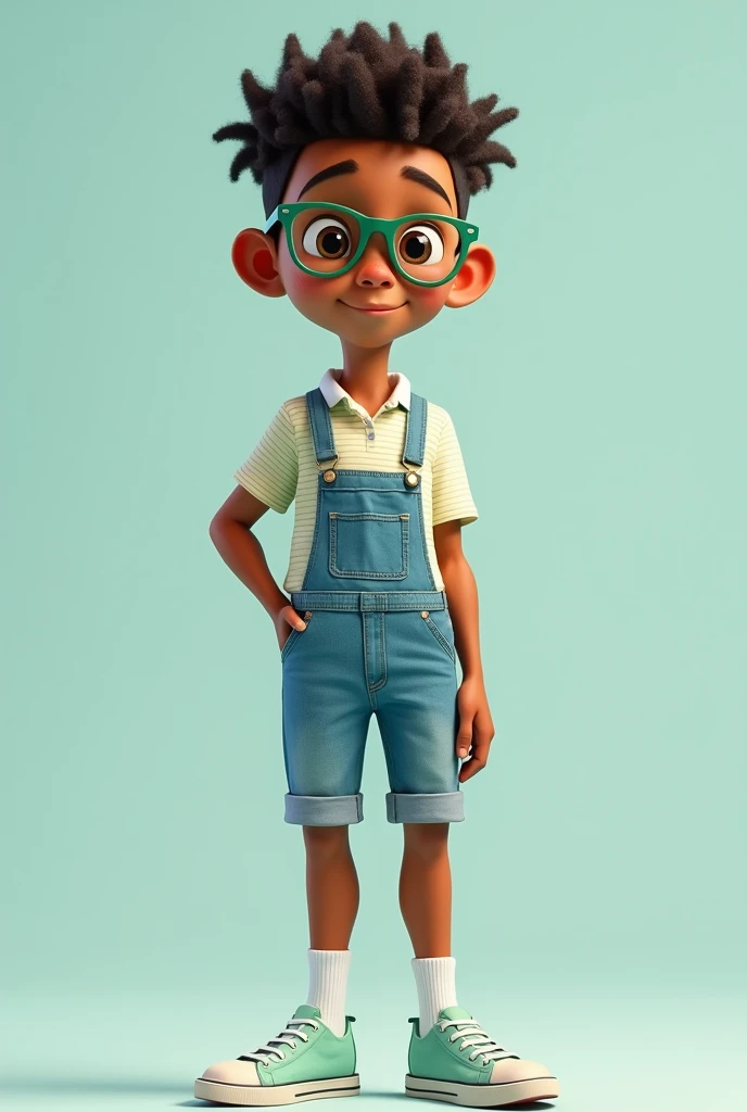Young male teen-young adult, black skin, curly hair, green rimmed glasse, freckles, arm dimples, striped light baby blue shirt, overalls, white socks, light green shoes,