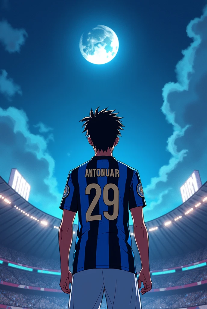 Animated young man wearing Inter Miami jersey number 29 with the name Antonar, with my back facing the entrance of a football stadium looking up at the sky seeing the moon in profile
