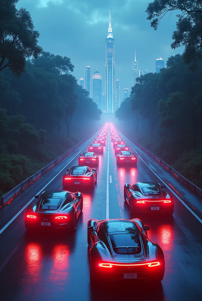 8k, hyper detailed, trippy and shapeshifting city landscape, realistic, Trippy futuristic sportcars driving in a washington highway, they are coming to the camera, front facing cars, full of trees, night
