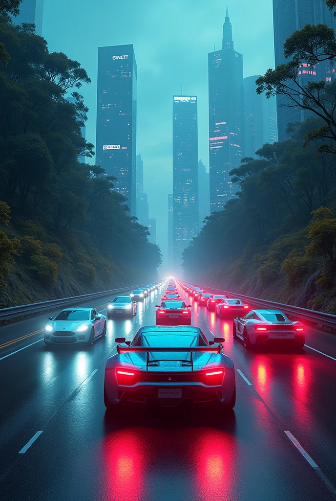 8k, hyper detailed, trippy and shapeshifting city landscape, realistic,  Trippy futuristic sportcars driving in a washington highway, they are coming to the camera, front facing cars, full of trees, night


