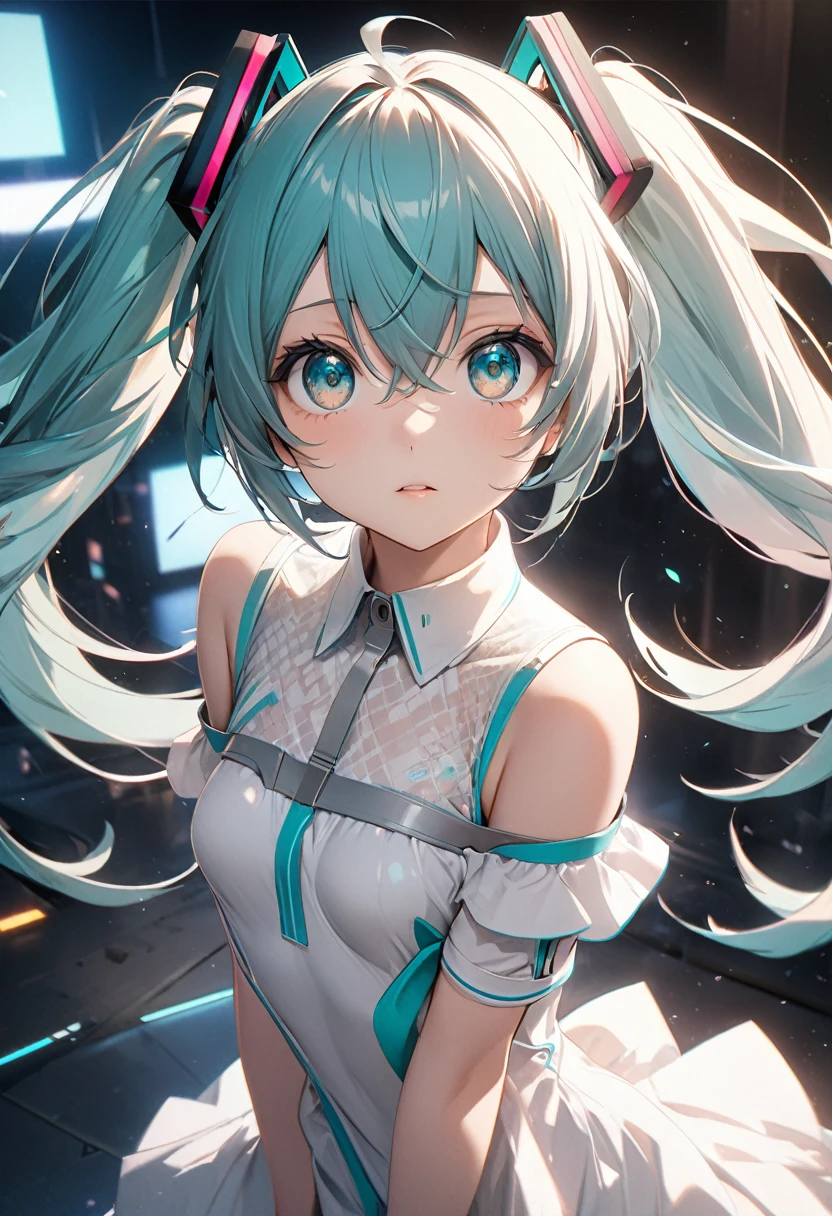 hatsune miku,Twin tails、 (small breast:1.2), BREAK looking at viewer, BREAK outside, BREAK (masterpiece:1.2), best quality, high resolution, unity 8k wallpaper, (illustration:0.8), (beautiful detailed eyes:1.6), extremely detailed face, perfect lighting, extremely detailed CG, (perfect hands, perfect anatomy),whole body