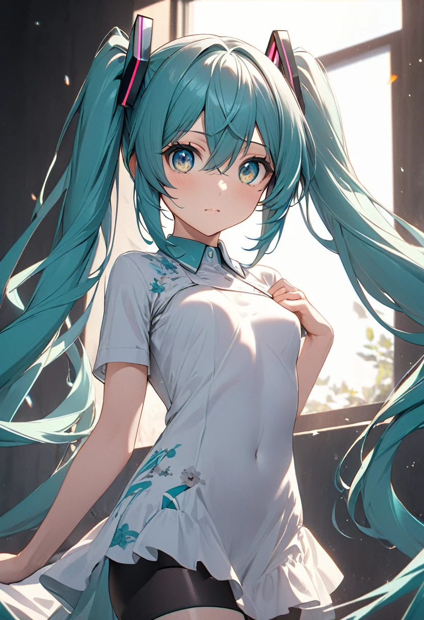 hatsune miku,Twin tails、  (small breast:1.2), BREAK looking at viewer, BREAK outside, BREAK (masterpiece:1.2), best quality, high resolution, unity 8k wallpaper, (illustration:0.8), (beautiful detailed eyes:1.6), extremely detailed face, perfect lighting, extremely detailed CG, (perfect hands, perfect anatomy),whole body