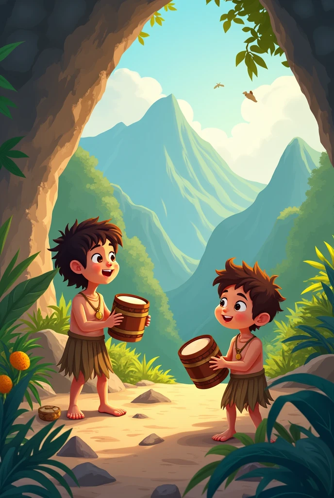 create an illustration of a prehistoric setting, where people lived in caves, wore clothes made from animal skins and hunted to get food, this image should be cute in the pixar style for a children's storybook, with people playing primitive drums