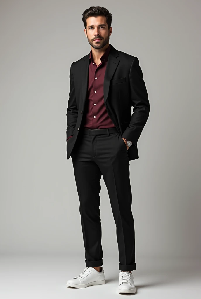 Man with a smart casual outfit containing white sneakers, black pants and black dress shirt with burgundy