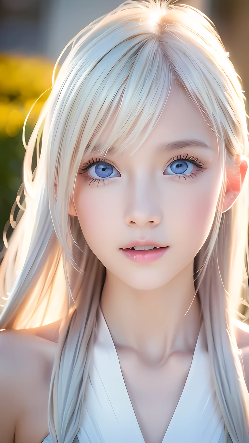 RAW Photos、(((A portrait of extreme beauty)))、((Radiant white beautiful skin))、1 person、A cute, child-faced, beautiful Nordic girl、((Glossy bright platinum blonde hair))、Cute clothes、Hair falling on face、[Attractive, whitish, very light blue eyes]、Super long straight silky hair、eyeliner、Beautiful Bangs、Hair between the eyes、Fluttering Hair、smile、((masterpiece、最high quality、Super detailed、Film Light、Intricate details、High resolution、8k、Very detailed))、Detailed Background、8K  UHD、Digital SLR、Soft light、high quality、Film Grain、Fujifilm XT3 、Shallow depth of field、Natural light、（Perfect hands）、Small Face Beauty、Round face、Perfect beautiful face、Large Breasts