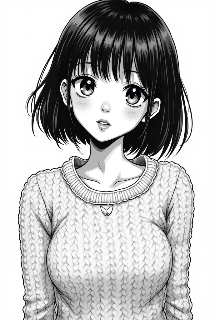 Black and white manga illustration of a girl with curtain bangs wearing ...