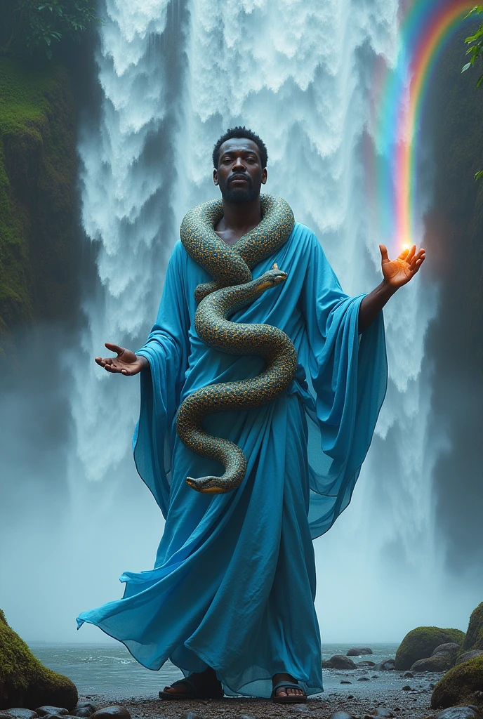 Orisha Black Man, light blue clothes, with a multicolored snake coiled around its body, in a waterfall, with a bright rainbow coming out of his hand