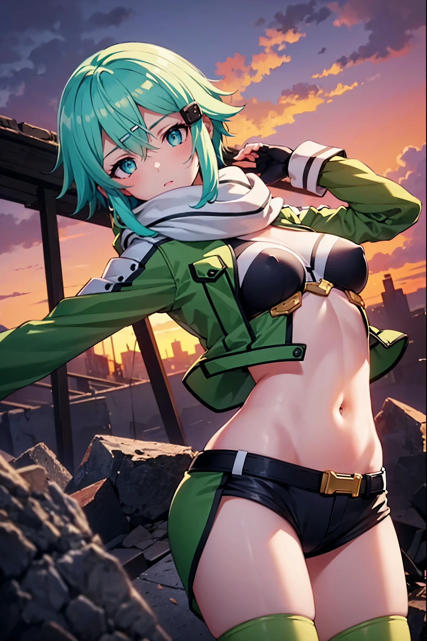 (masterpiece), best quality, expressive eyes, perfect face, highres, sinon1, scarf, fingerless gloves, long sleeves, short shorts,groin, hair ornament, hairclip, green thighhighs, green jacket,covered_nipples, thigh strap, field, sunset_ruins_landscape_background, ruined structures, dynamic_posing, looking at the viewer,,covered_navel,