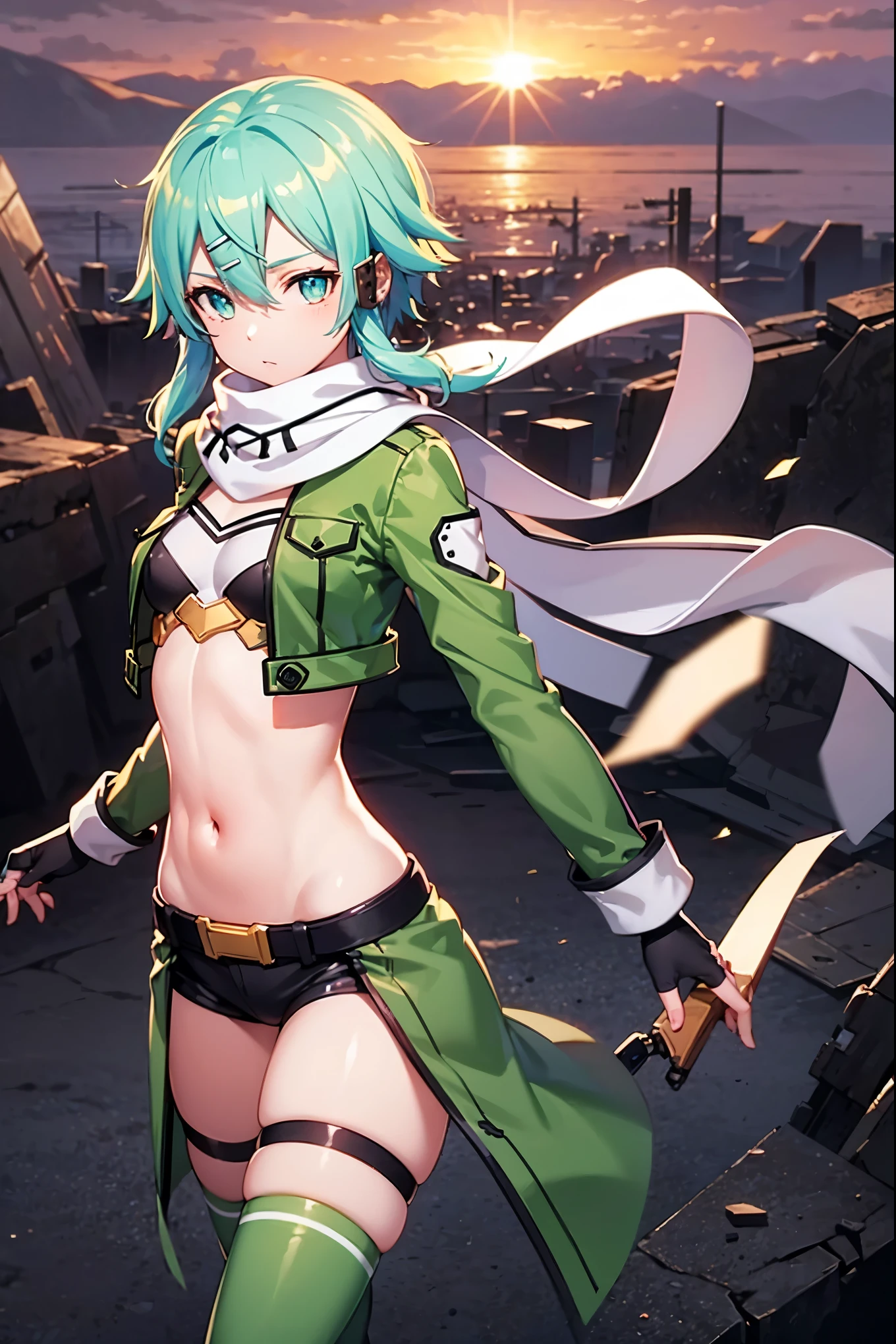 (masterpiece), best quality, expressive eyes, perfect face, highres, sinon1, scarf, fingerless gloves, long sleeves, short shorts,groin, hair ornament, hairclip, green thighhighs, green jacket,covered_nipples, thigh strap, field, sunset_ruins_landscape_background, ruined structures, dynamic_posing, looking at the viewer,,covered_navel,