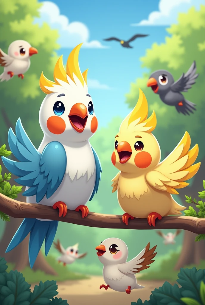 Put 6 happy cockatiels in nature, being a couple of wild adults on a perch, 1 small male golden albinism puppy with pearl and cinnamon markings with a yellow head flying, a small female wild species chick all grey flying, a small female flying harlequin chick with yellow colors ,grey and white on the wings, and a small female flying chick of the pearl cinnamon species with feathers in grey colors, White and yellow. Don't put blue colors on cockatiels