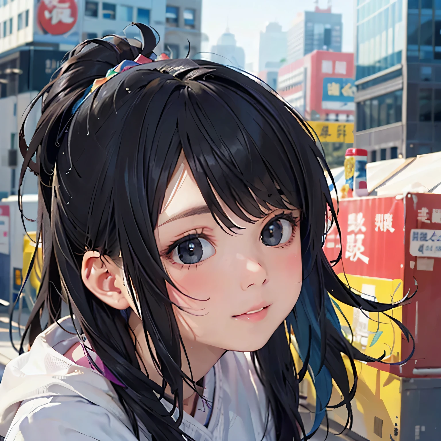 Mika Pikazo colorful style, Simple Line Initialism，Abstract art，Urban Background, (((The most beautiful girl of all time))), Sweet face. Lips in love, colorful hearts, stylish design, (((黒い瞳)))