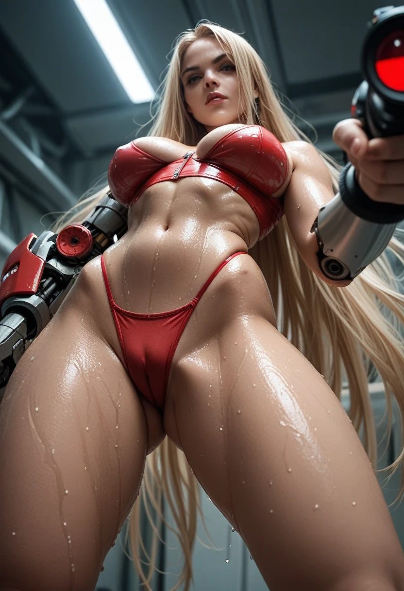 sexy blonde, perfect body, small waist, very long hair, red thong, camel toe, cyborg, holding a huge weapon, posing pointing at camera, view from below, (maximum detail on wet skin) 