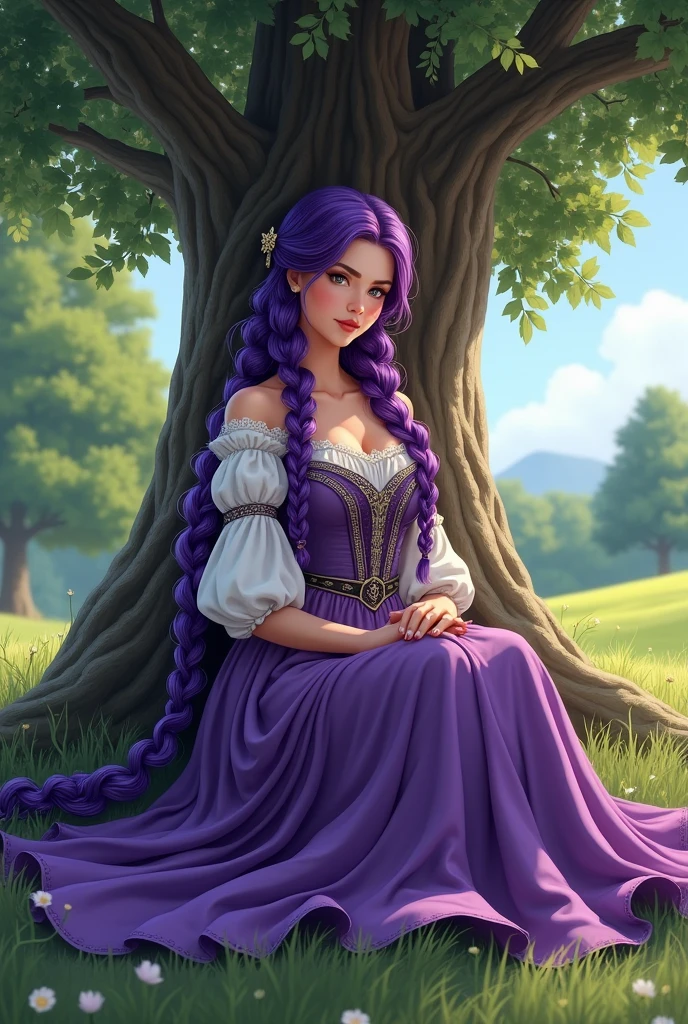 Young woman, Nineteen years old, Long purple braided hair, Big breasts,Thin waist, Big butt, Wearing a long purple dress,Wear a medieval European outfit , Sitting under a tree, Manga illustration 2.5D
