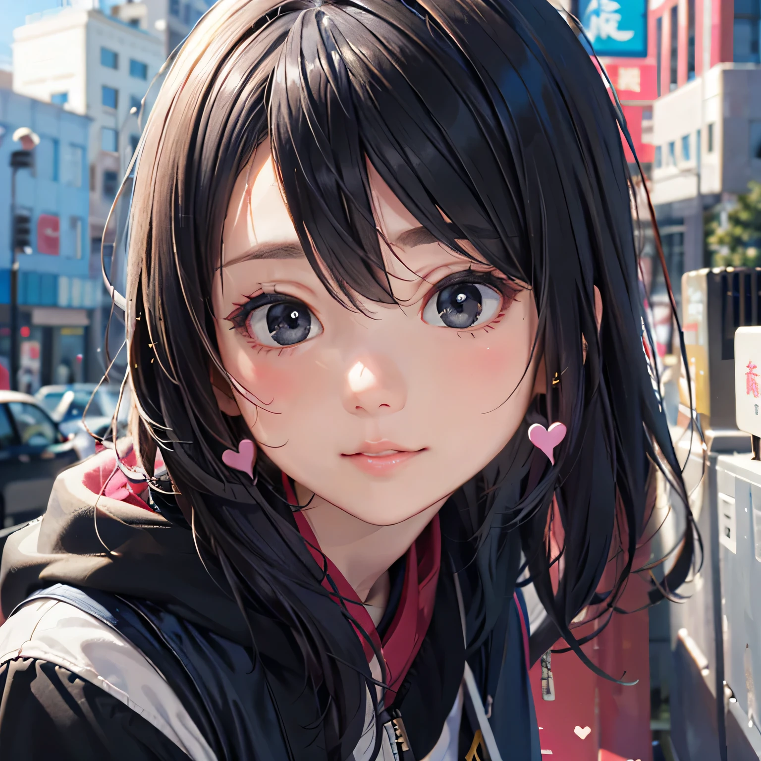 Mika Pikazo colorful style, Simple Line Initialism，Abstract art，Urban Background, (((The most beautiful girl of all time))), Sweet face. Lips in love, colorful hearts, stylish design, (((黒い瞳)))