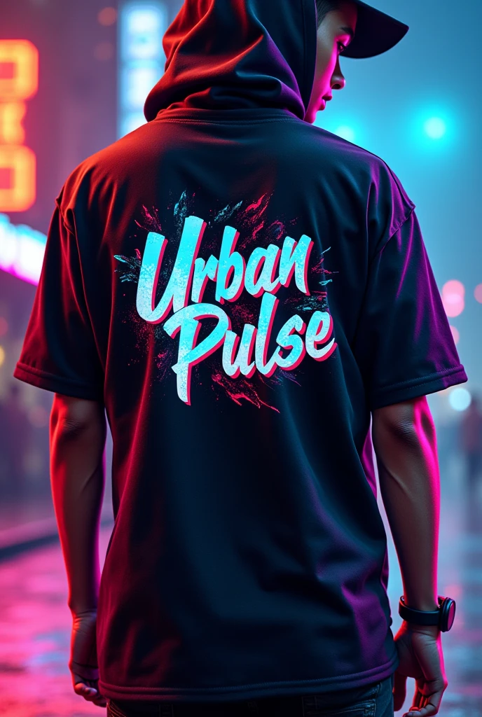 Create a series of trendy urban streetwear designs featuring the 'Urban Pulse' logo. The clothing should include t-shirts, hoodies, and jackets, showcasing the bold, modern logo prominently. Use dynamic color schemes like neon blue, electric purple, and bright orange on black, white, and metallic fabrics. The logo, with its pulse or heartbeat motif, should be placed creatively on the chest, back, or sleeve, highlighting the brand's youthful and energetic identity. Incorporate elements like graffiti, abstract patterns, or geometric shapes to enhance the urban, bold vibe of the brand.