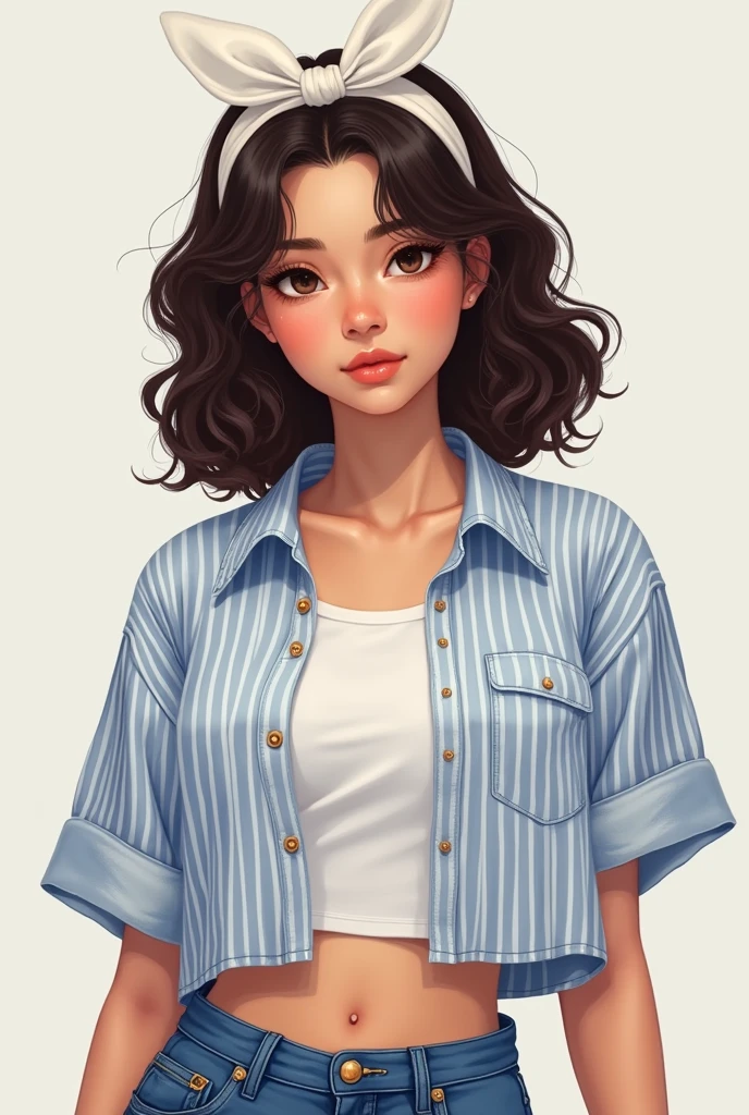 A midsize brunnet woman with curly hair wearing mom jeans, a stripped cropped shirt (white and BLUE). The stripes are on vertical. She is wearing the shirt on top of a basic T. In her head, a white bow made with a cloth
