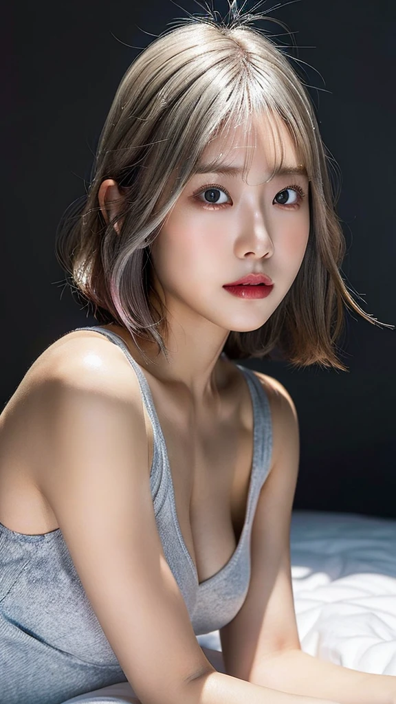 ((masterpiece, Highest quality, High resolution)), 1 Japanese girl, (Realistic: 1.4), excited、Great face,Glossy lips、30 years old, Silver Hair、Silver Hair、short hair, Silver Hair、(Beautiful Hair:1.5), mini skirt、Beautiful legs、Lie down on the bed、Staring、Angle from the front, Smooth, Highly detailed CG composite 8K wallpaper, High resolution RAW color photos, Professional photography, Light, BackLight, dream-like, impressive, Written boundary depth, (Face close-up:1.5)
Cute summer clothes that accentuate the chest
Full body photography
Big chest, Character portrait, Overlooking, Anatomically correct, Textured skin, accurate, chest, Big chest, Big chest,