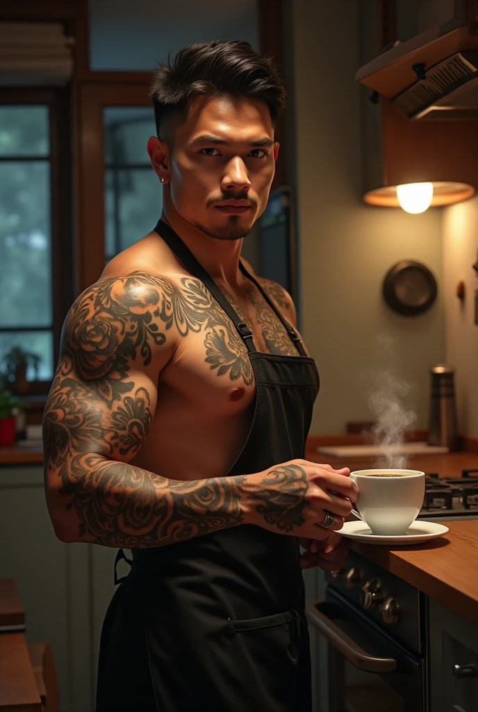 photorealistic, best quality, masterpiece, extremely detailed, very sexy, very homoerotic, extremely handsome, 30 year old muscular filipino man, full body tattoo, (muscular bodybuilder), wearing only apron, holds out steaming cup of coffee towards camera, smiling, in kitchen, extremely romantic atmosphere, perfect face, perfect fingers, perfect hands, perfection