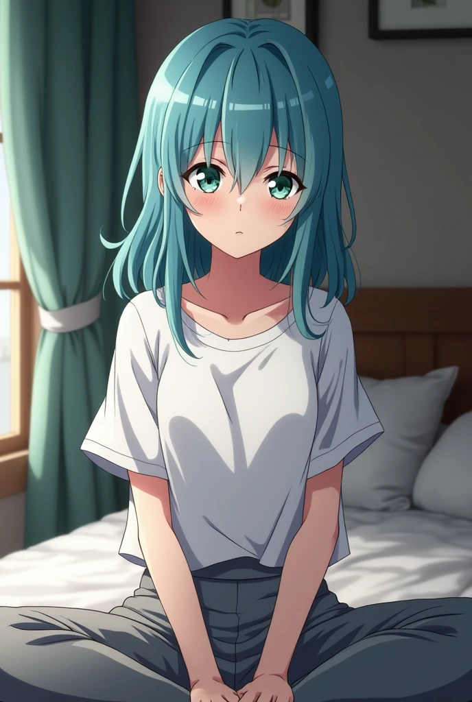 My Hero Academia screenshot of a 16-year-old female, waist-length sky blue hair, slanted emerald green eyes, She wears a white loose blouse and grey pants, She is sitting on a bed, in the background a room.
