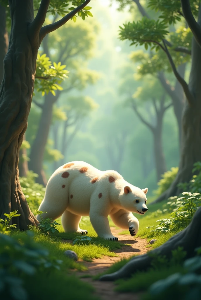 Make a animated white bear with brown spots all over it, walking in a lush green forest