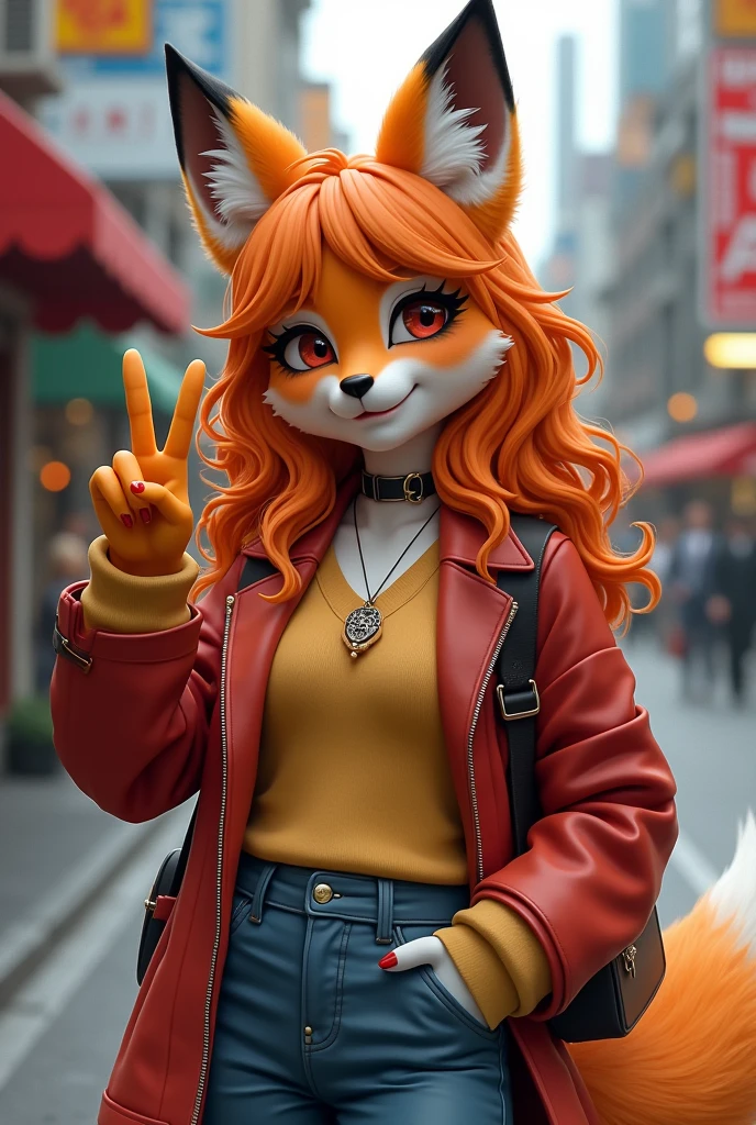 Furry fox girl on the street of the city, very fashionable, stylishly dressed, street style clothes, wide jeans, hoodie, baseball cap, sneakers, shows the viewer the V gesture, winks, long wavy orange locks of hair, high detail, filigree, high definition, texture smoothing, realistic brush strokes, looks like a realistic photo, Furry fox girl is shown in detail, Ultra-realistic rendering of details, Stunningly realistic graphics, Very detailed photo