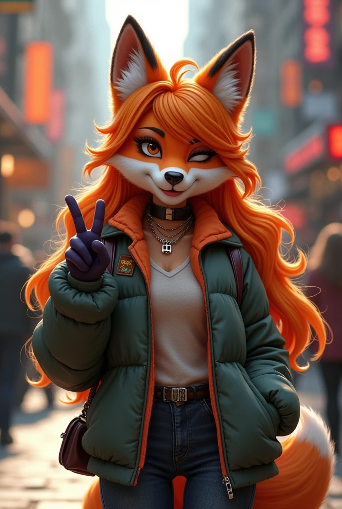 Furry fox girl on the street of the city, very fashionable, stylishly dressed, street style clothes, wide jeans, hoodie, baseball cap, sneakers, shows the viewer the V gesture, winks, long wavy orange locks of hair, high detail, filigree, high definition, texture smoothing, realistic brush strokes, looks like a realistic photo, Furry fox girl is shown in detail, Ultra-realistic rendering of details, Stunningly realistic graphics, Very detailed photo