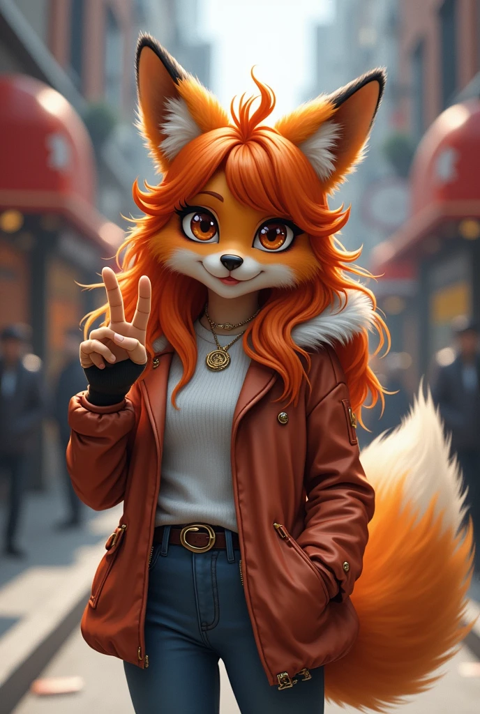 Furry fox girl on the street of the city, very fashionable, stylishly dressed, street style clothes, wide jeans, hoodie, baseball cap, sneakers, shows the viewer the V gesture, winks, long wavy orange locks of hair, high detail, filigree, high definition, texture smoothing, realistic brush strokes, looks like a realistic photo, Furry fox girl is shown in detail, Ultra-realistic rendering of details, Stunningly realistic graphics, Very detailed photo