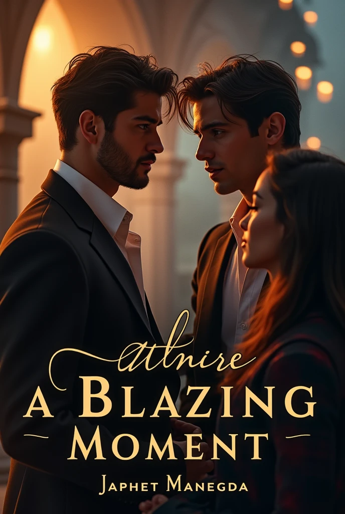 Composition :
Hadrien : Place-le au premier plan, en train de discuter ou d'interagir avec la femme à ses côtés. Il devrait avoir une posture ou une expression qui suggère qu'il est distrait ou pensif.
Arthur : Positionne Arthur en arrière-plan ou dans un reflet subtile, comme à travers une vitre ou dans un miroir. Son regard doit capturer l'attention, avec une expression qui montre qu'il est le centre de l'intérêt d'Hadrien.
Pour Hadrien et la femme, montre leur interaction, mais sans trop de détails pour que l'accent soit mis sur le regard d'Hadrien sur Arthur.
Pour Arthur, assure toi que son expression est captivant, reflétant le moment de connexion intense avec Hadrien
Typographie :
Assure-toi que le titre "A Blazing Moment" et le nom de l'auteur : " Japhet Manegda" soient intégré de manière à ne pas distraire de l'image mais à compléter le design global. Choisis une police élégante et romantique qui s'harmonise avec le ton de l'image.