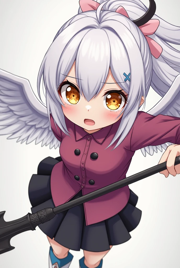 a girl with wings with an X patch on her eye and wearing a magenta shirt with black buttons, a black skirt and silver-blue boots with white , that the girl has very long, loose, white hair with a pink bow and that she has yellow eyes with orange that are very large and big eyelashes and that she has a spear