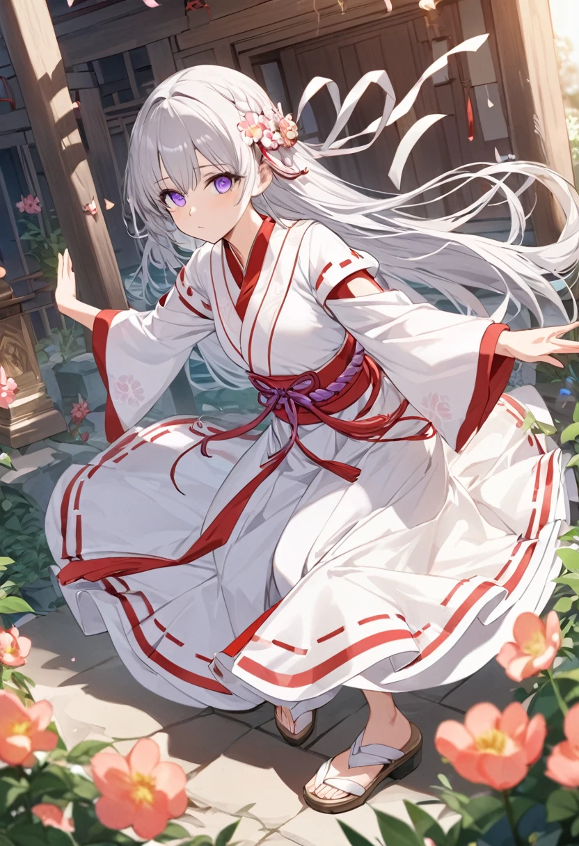 High definition、A pure and beautiful young girl in a shrine maiden's outfit、Long silver hair, half purple、Full body portrait、I don't show my legs、Long-hemmed outfit、Large opal eyes、Powerful eyes、Dancing Kagura Dance、Flowers sprout from beneath your feet