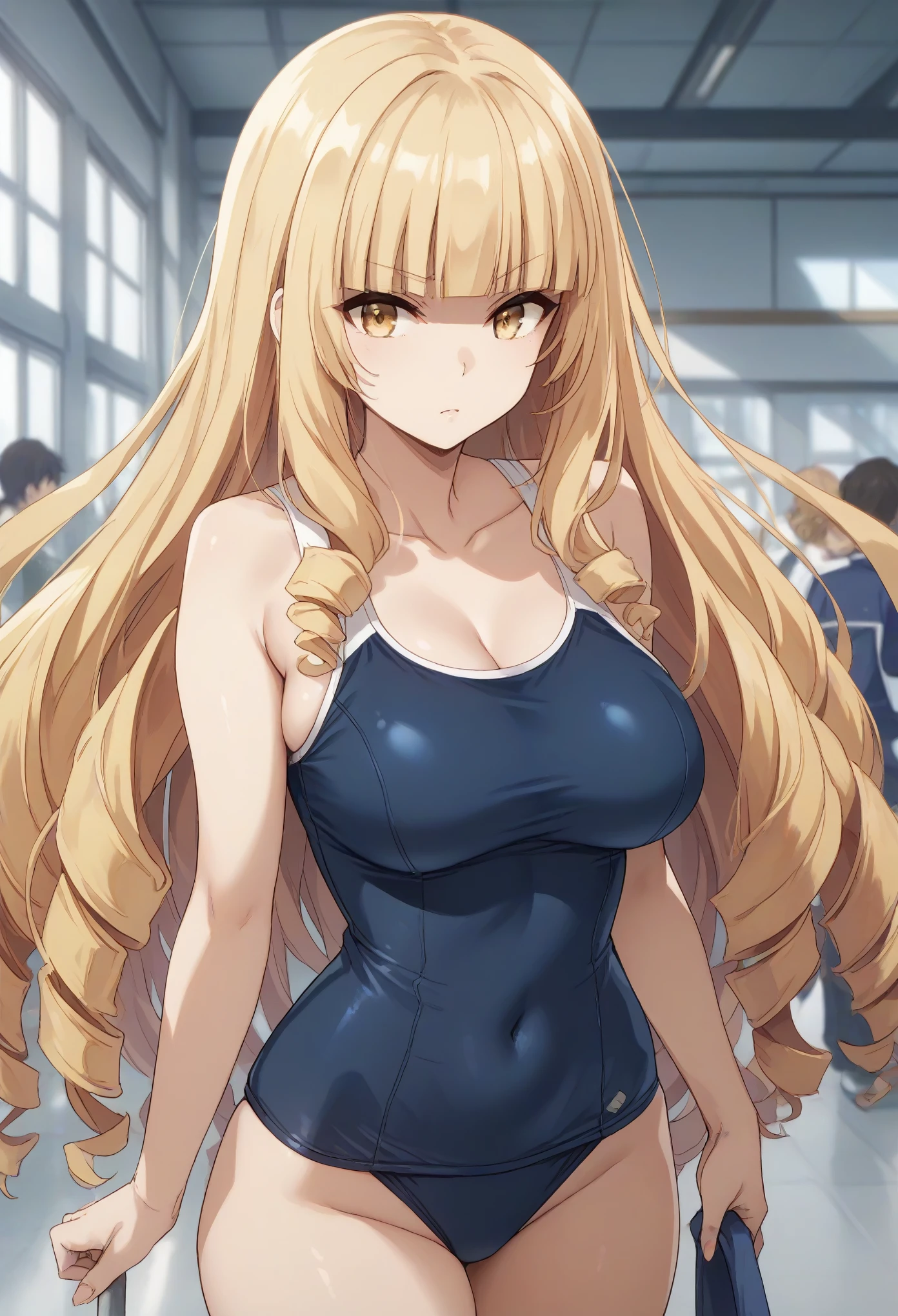 best quality, oriana rose, long hair, blonde hair, yellow eyes, drill hair, bangs, blunt bangs,school swimsuit,clavage,large breast