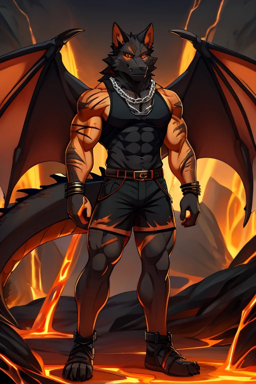 black wolf, muscular , orange eyes, lava scars, chains, black sleeveless shirt, shorts negros, dragon wings
