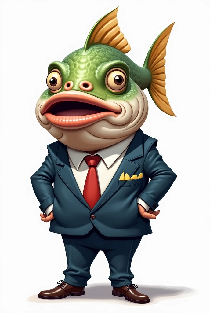 Caricature of a fish head, wearing suit and tie, white background 