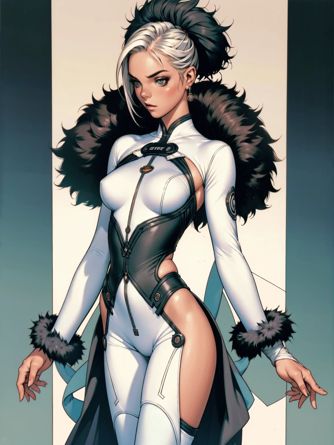 (((Annie Lennox))), ((( nano suit ))), (((bandaged arms))), (((MMA fighter OF THE FUTURE))), ((high collar)), (((animal fur lined hood))), (((best qualityer: 1.4))), (Unbeatable masterpiece), (hiper HD),(CG 8k hyper-realistic), (((brave face))), (((breasts big))), (((hyper feminine))), sexly girl,（colored bob haircut)), ((( sculptural body ))), (((1 Kizi))), Kizi cibernética de 25 anos com perfectbody,,Beautiful and well-groomed face,muscular body:1.2,solid color detailed jacket, (Head to thigh photos)， Complex equipment, green dark，Long pants，Tight clothes are dark，With white stars and off-white stripes,,,,,Armor Metal Electronic Parts, Poison tattoos ) INFO, Kizi, (((standing alone))), pirralha violent, ((())), sexly, pose de atitude, work of art, post-apocalypse, (((manga style))), bounty hunter, violent, Manic, the way you want, slenderbody, thin but strong, perfectbody, roupa moderna, advanced technology, neon, sleeves with vertical striped pattern, neutral background, (( cowboy shot )). intricate visual