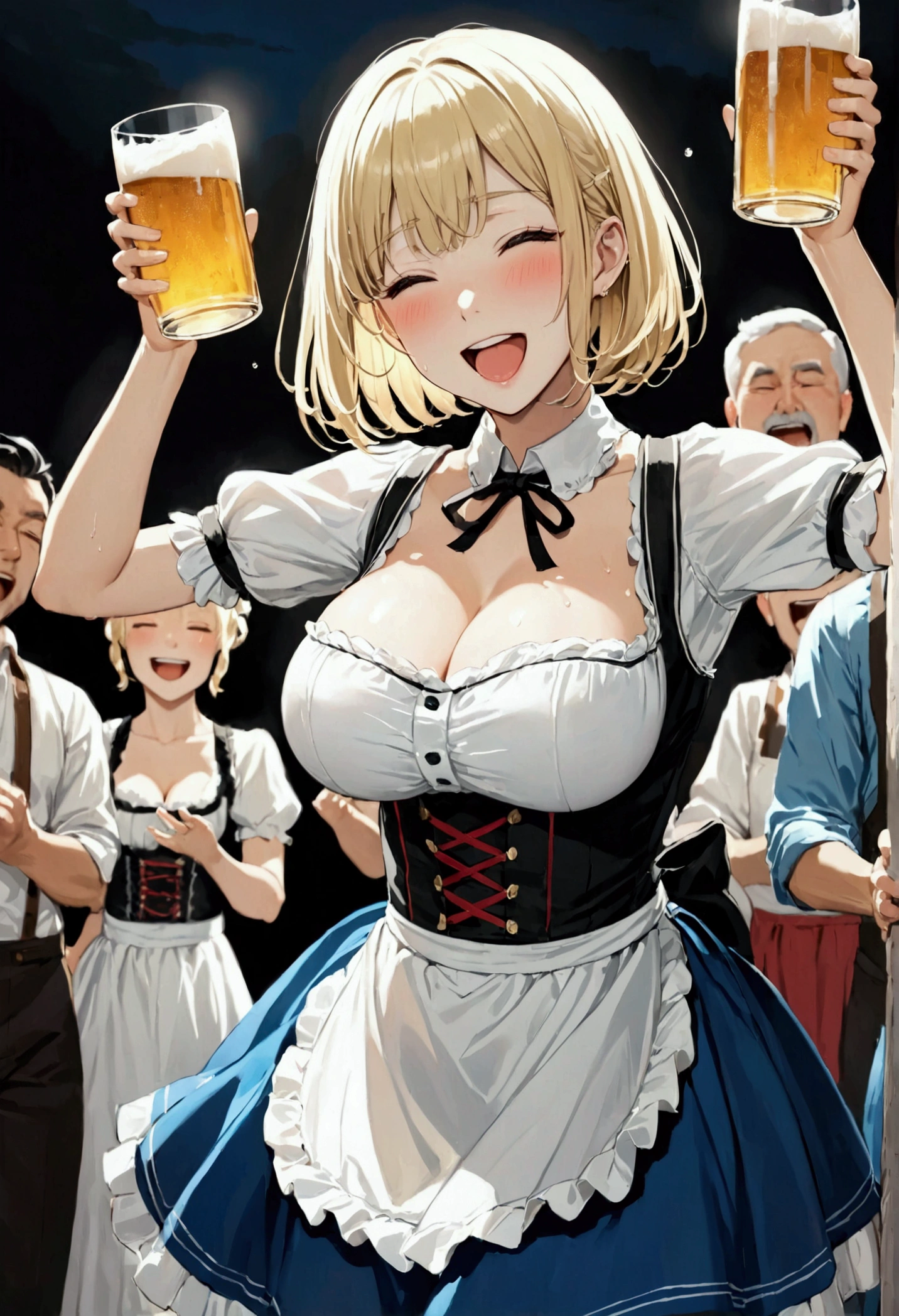 Blonde, Bobcut, chest, from the front, (Cowboy Shot), (Close ~ eyes), ((Black and white dirndl)), (Blue Skirt)、Germany, ager, Tilt your head:1.3, (((wave hands))), ((Stretch your arms)), (Highest quality, 4K, 8k, High resolution, masterpiece:1.2, Very detailed, Very detailed eyes,(Full Body Shot), , ((bar)), Dark Night,lamp、Beer 、Beer Glass、crowd、Drunk、Middle-aged men、chestを開く, Very slim, Big Breasts, focus on, in front of the eyebrows, Thick thighs((Gathered skirt)),Wet with sweat,((chestの谷間に汗をかく))((腕でchestの谷間を強調する)),Laughing with your mouth open、