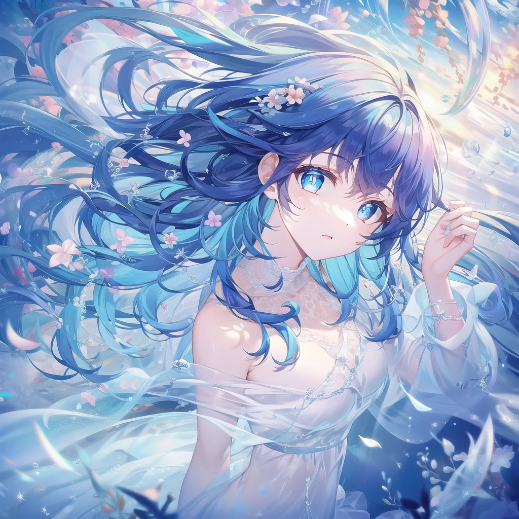 ((masterpiece, best quality))++, Detailed lighting+,  Detailed hair+, Detail hand+ ,1 girl, Miss, Long hair,   Crimson eyes,  beautiful eyes, Young blue-haired,,(beautiful blue hair:1.5),(Beautiful and delicate eyes),  high resolution+,glass tint, Reflective eyes,   {{angle}} , Very detailed wallpaper, The original, Air bangs，Extremely beautiful CG，Firefly，Nature，ocean